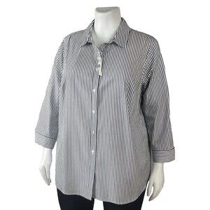 Talbots Shirt Women XLP  Button Up Top Gray White Striped Stud Embellishments